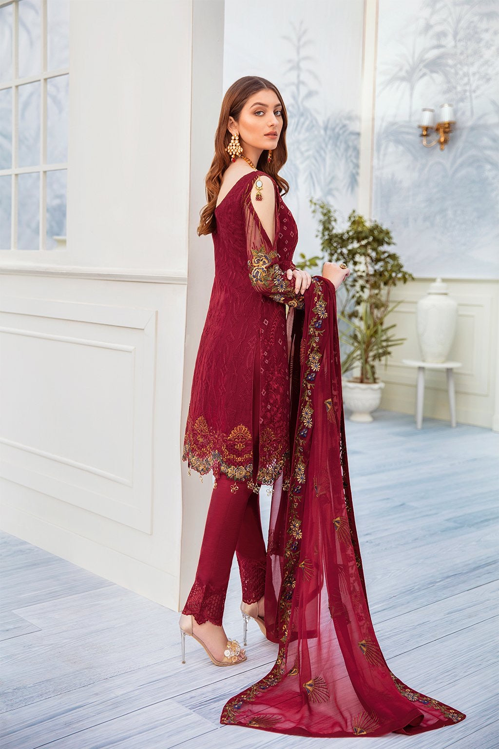 A 205 Red Ramsha chiffon suit stitched Sadaf s Collection